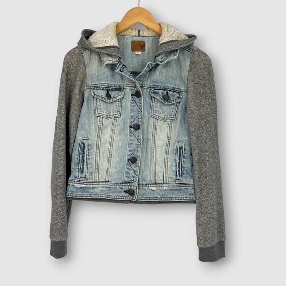 American Eagle Outfitters Jackets & Blazers - American Eagle Denim Hoodie Jacket with Knit Sleeves Size Small